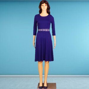 HOMEYEE size S (4) royal-blue 3/4-sleeve fit/flare dress cotton/polyestr/spandx